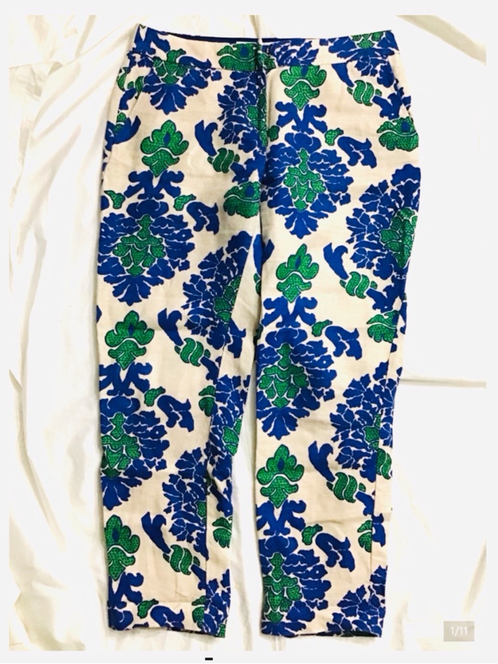 Boden Blue and Green Linen Floral Print Ankle Pants